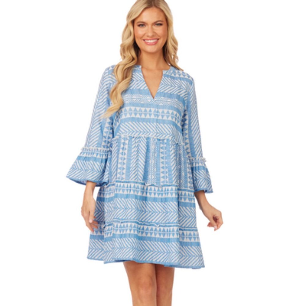 Women's Blue and White Tiered Swim Cover Up Mudpie Renee Yarn Dye Dress